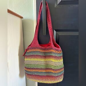 THE SAK Red Rainbow Striped Crochet Tote Shoulder Bag Knit Purse